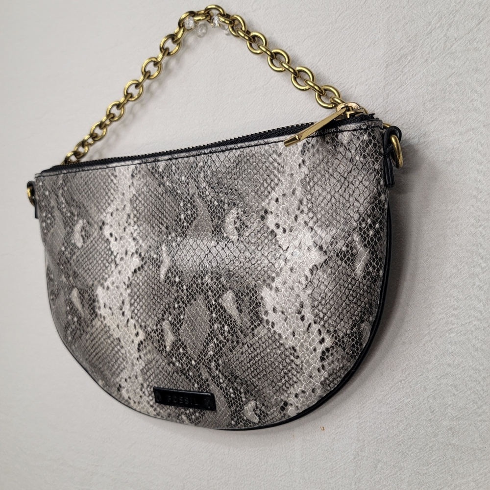 Fossil Gray Snakeskin Print Half Moon Clutch Bag Shoulder Purse Gold Chain MCM - Picture 5 of 9